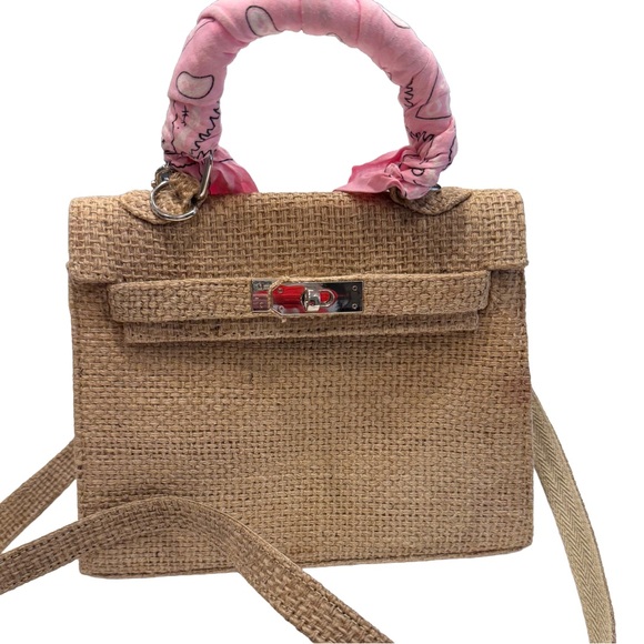 DLD Woven Jute Bag W/ Pink Badana Wrap Handle / Crossbody Strap